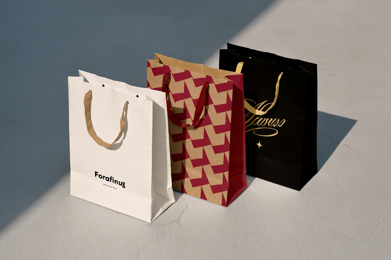 Üç farklı premium baskılı kağıt alışveriş çantası gri zemin üzerinde