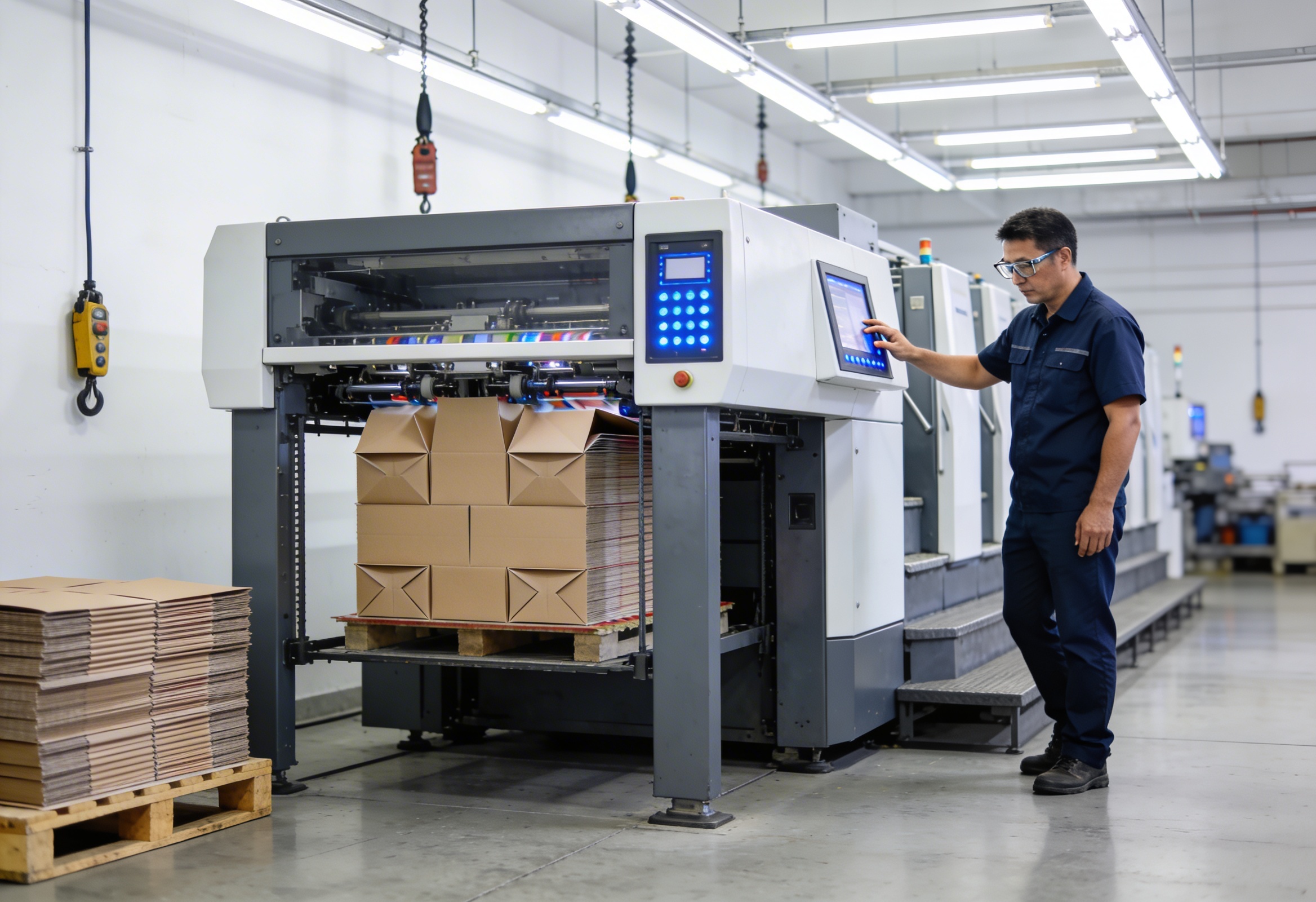 Fabrika üretim alanında büyük ofset baskı makinesi çalışırken